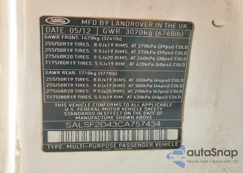 2012 Land Rover Range Rover Sport Hse z USA, uszkodzony, nr VIN SALSF2D43CA757434